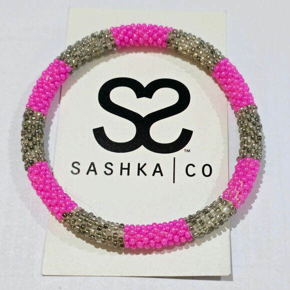 Sashka Co Pink and Gray Glass Bead Bracelet NWT - Picture 1 of 1